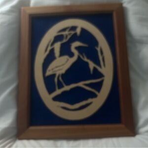 Elegant Blue and Cream Heron Signed Fiber Art